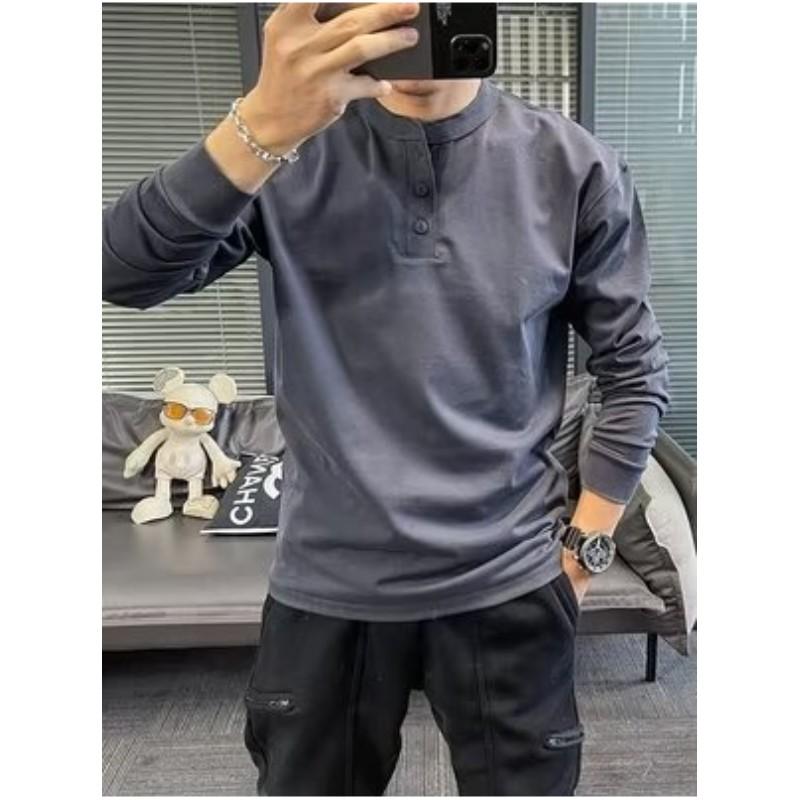 Men's Spring Long-sleeved Retro Thin T-shirt Youth Stand-up Collar Slim Solid Color Commuter Tops