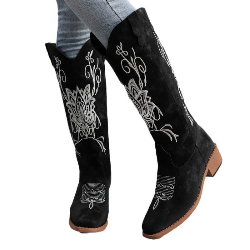 Large size embroidered high tube but knee fashion boots autumn and winter new square heel round head women's boots