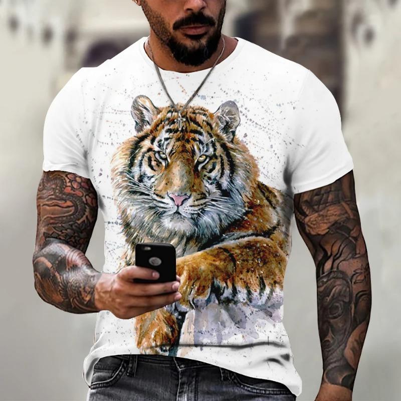 Men's Bold Tiger 3D Printed T-shirt - Breathable Polyester Fiber, Comfortable Short Sleeve