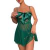 Lace Nightdress Sleeveless Strap Perspective Large Bow Tie Breathable Dress for Women Green M