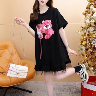 Summer O Neck Loose Casual Printing Mesh Patchwork T-shirt Dress Women Short Sleeve Pullover Tee Robe Top