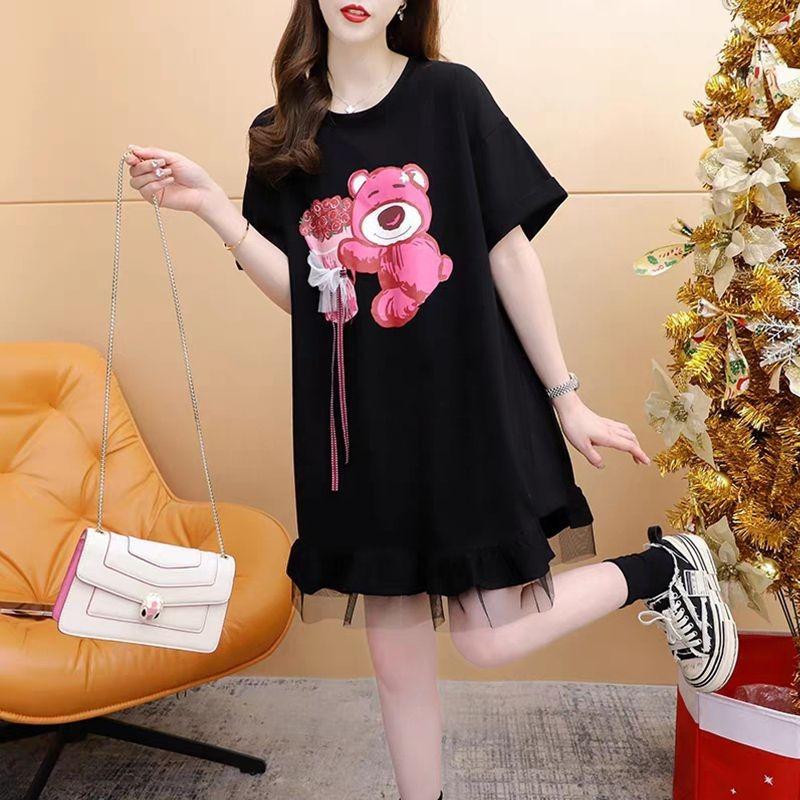 Summer O Neck Loose Casual Printing Mesh Patchwork T-shirt Dress Women Short Sleeve Pullover Tee Robe Top