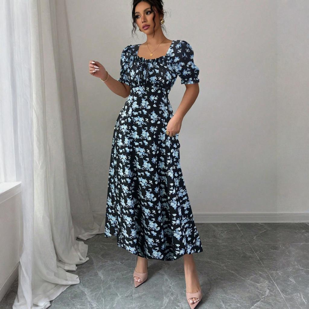 Womens Summer Dresses Elegant Dresses for Women Casual Floral Print Square Neck Beach Dresses for Women Vacation Dresses for Women 2026