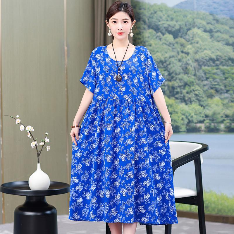 Summer mother cotton and silk over the knee skirt loose large size fat man dress thin middle-aged man wearing long dress