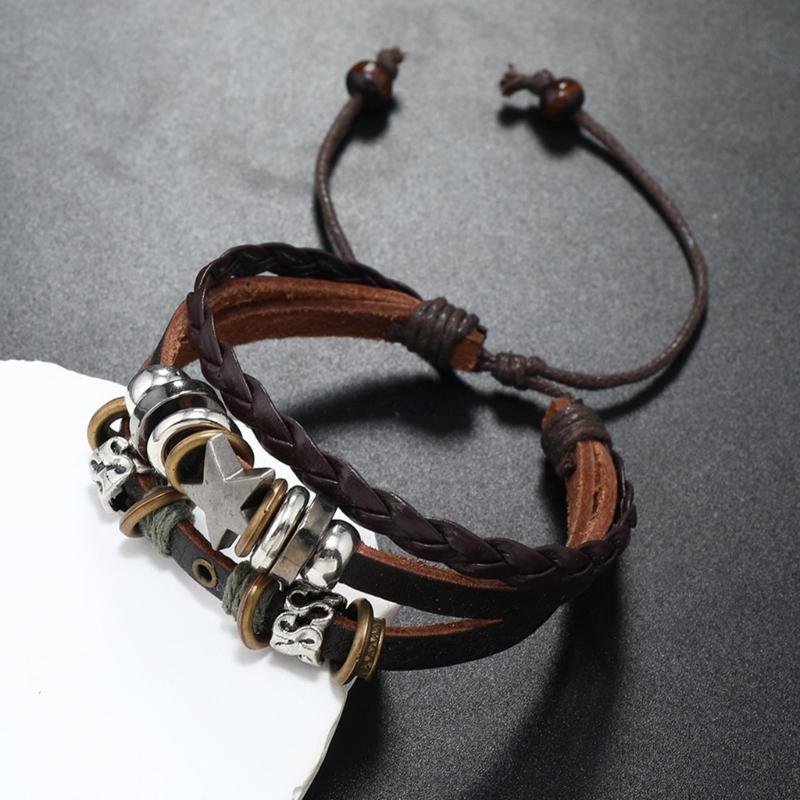 Multi Layer Leather Bracelet Adjustable Star Beaded Bangle for Women Men