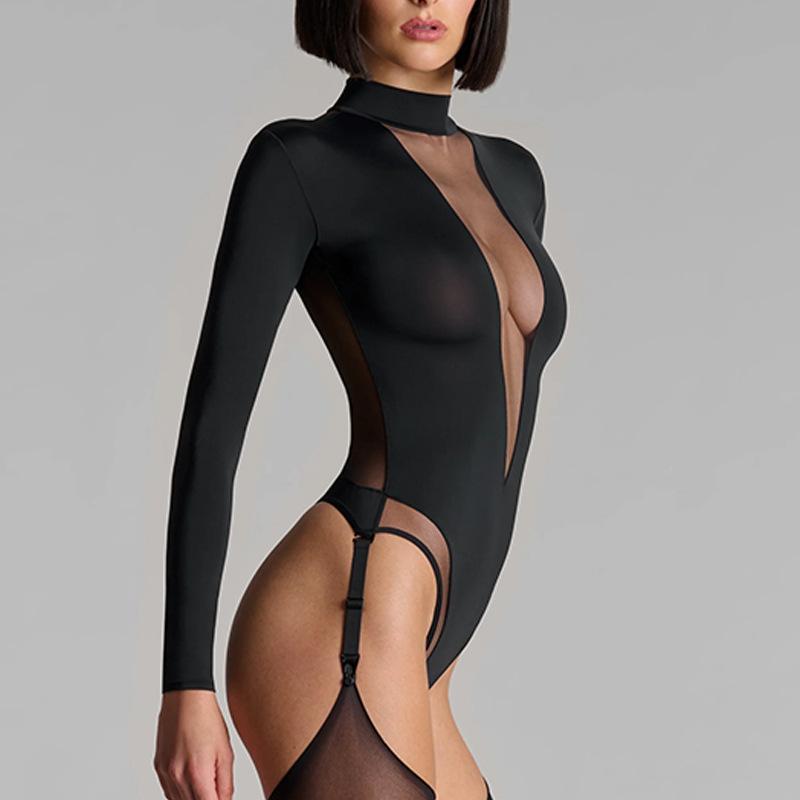 Y2K Spring and Summer Fashionable and Sexy Deep V-Perspective Mesh Splicing Long Sleeve Jumpsuit