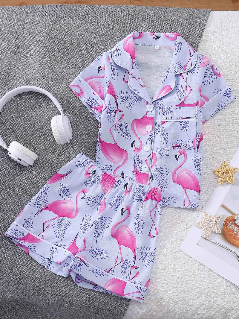 Cartoon Flamingo Print Girls Short-Sleeve Pajama Set 110cm