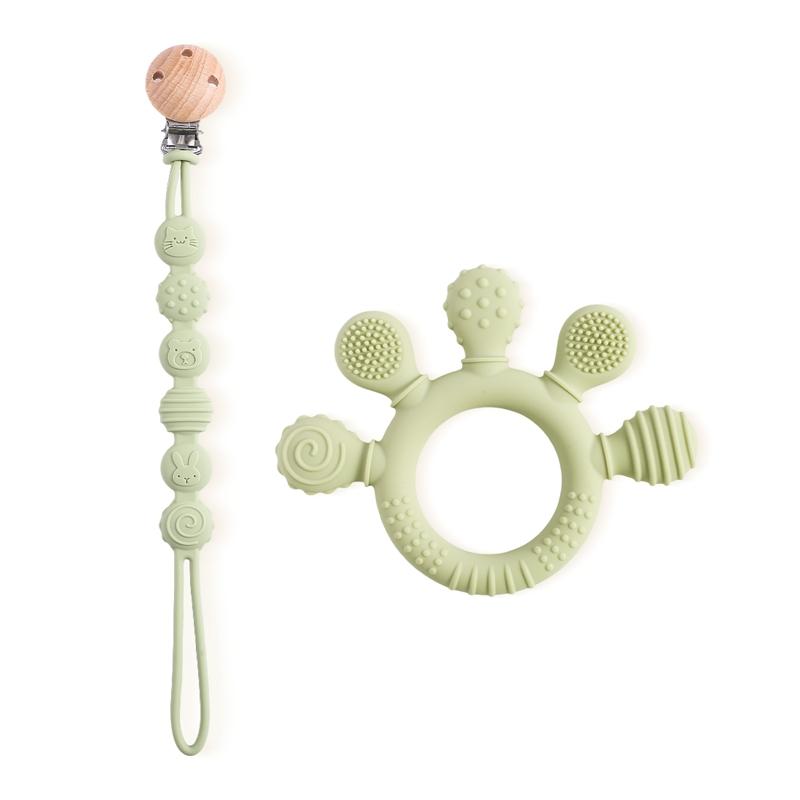 Anneau de dentition en silicone Chaîne de sucette Anneau de dentition pour bébé Sans BPA Anneau de dentition Gencive Équipement de soins pour bébé Ustensiles de soins pour bébé en silicone vert