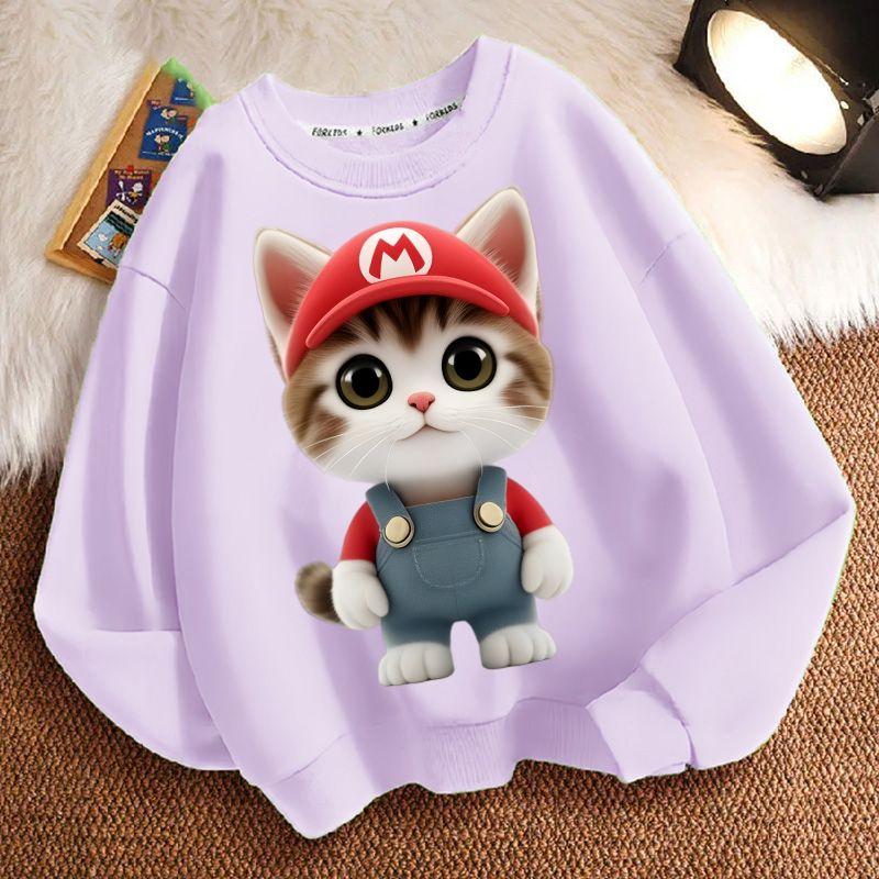 Cute Cat Round-neck Sweatshirt for Children, Long-sleeved Casual Sweatshirt for Boys and Girls in Spring and Autumn