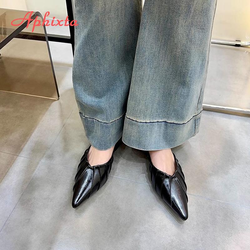 Aphixta High Heels Elegant Women Slides Pointed Toe Shallow Summer Dress Slides Sexy Pleated Design Patent Leather Slipper Shoe