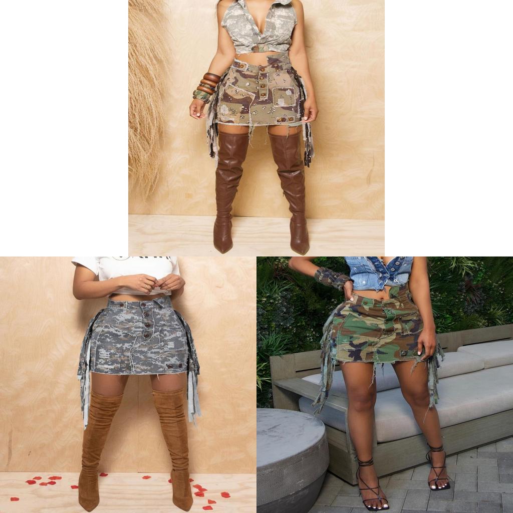 Falda Corta Para Mujer Verano Camuflaje Flecos Tela Vaquera Corte Ajustado Moda