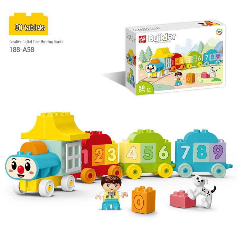 Blocuri Puzzle Tren cu Numere pentru Copii, 50 de Piese cu Găleată de Depozitare