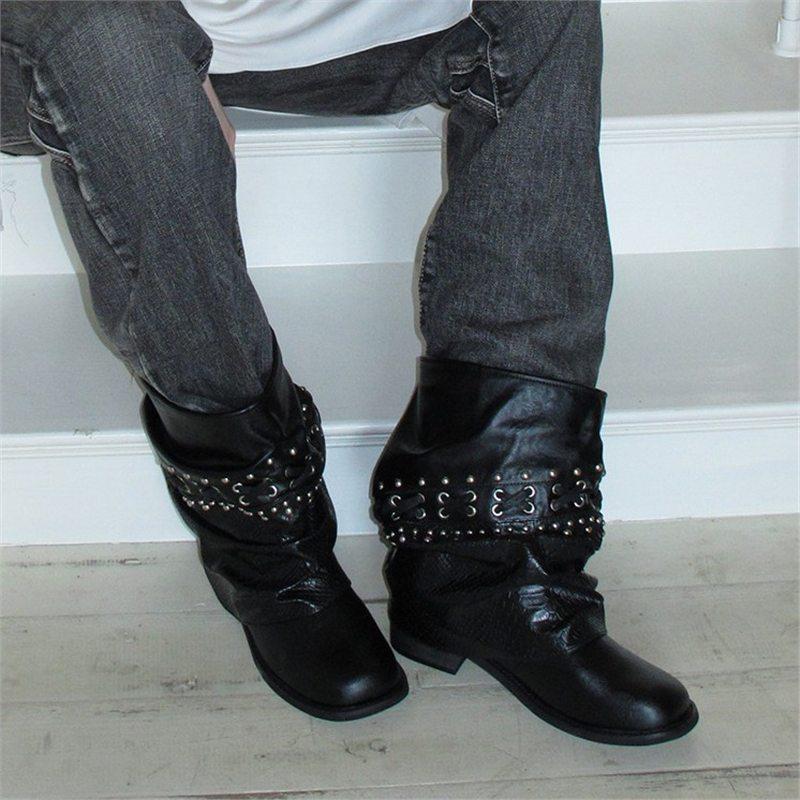 Skinny Riveted Pants Boots Autumn New Round Head Pile Western Cowboy Boots Retro Spice Girl Boots Women