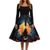 Women's Casual Vintage Halloween Dress Long Sleeve Square Neck Fit and Flare Midi Dress with Printed Skirt and Waist Tie
