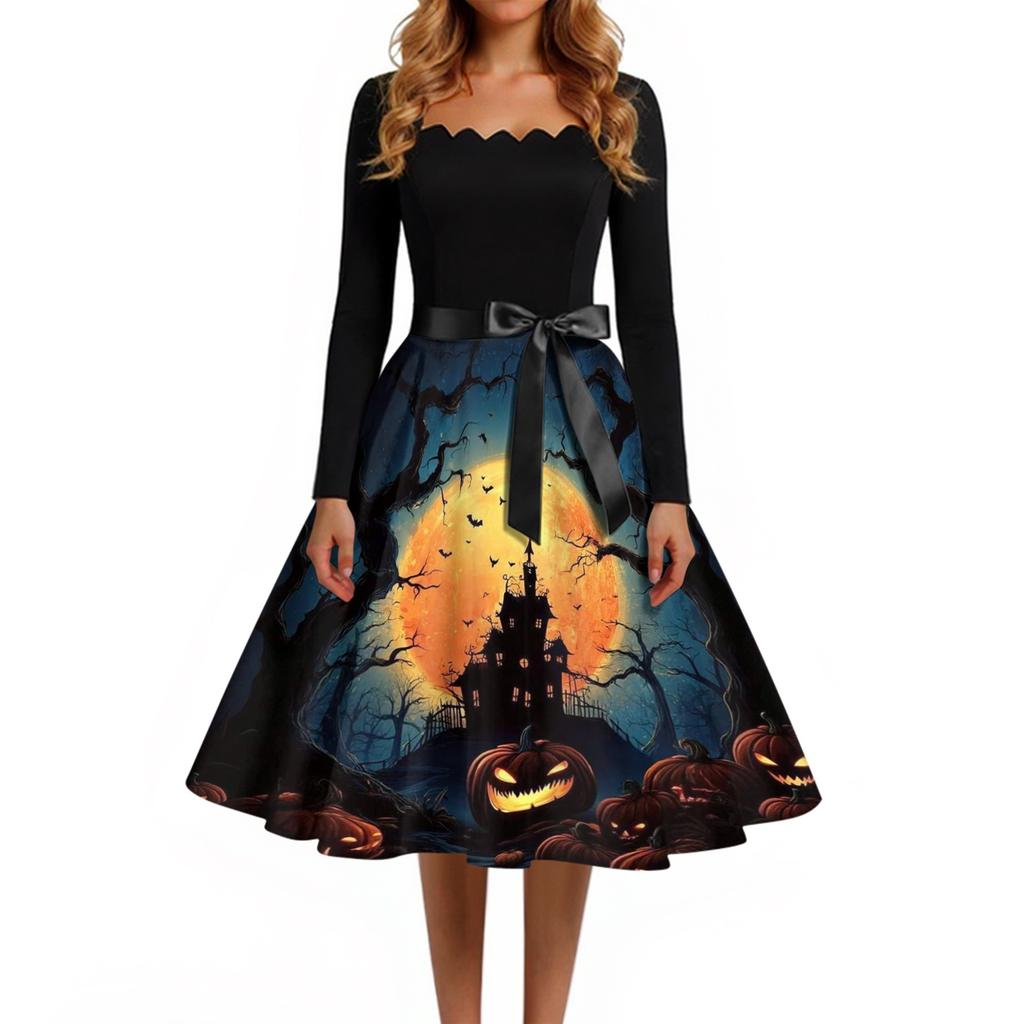 Women's Casual Vintage Halloween Dress Long Sleeve Square Neck Fit and Flare Midi Dress with Printed Skirt and Waist Tie