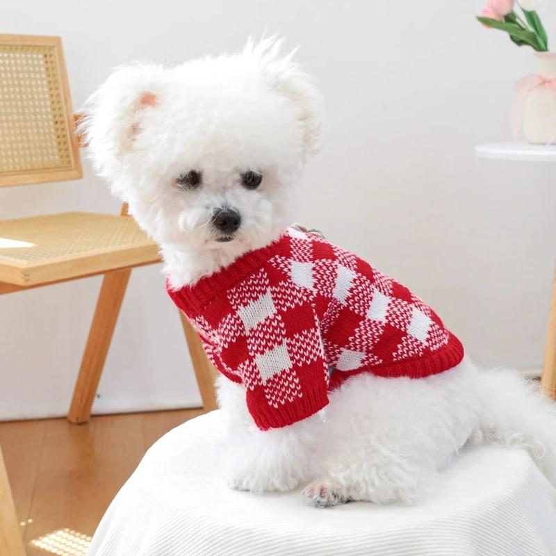 1PC Red and White Plaid with Flower Sweater Pet Clothes Dog Cat Autumn Thickened Warm Jumper