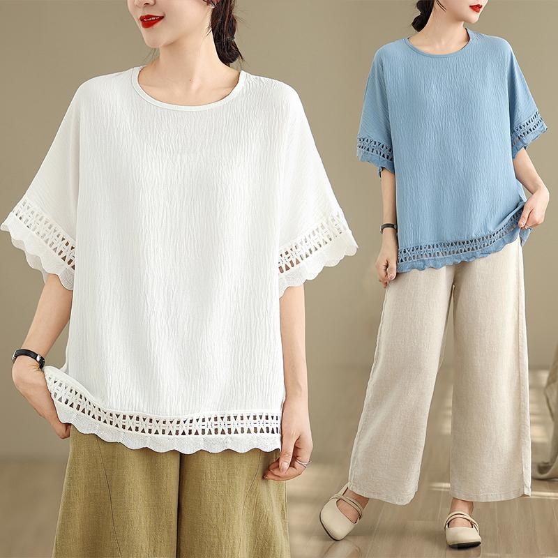 DIMANAF 2025 New Summer Plus Size T-Shirt Women Short Sleeve Solid Basic Hollow Vintage Loose Tops Tees Maxi