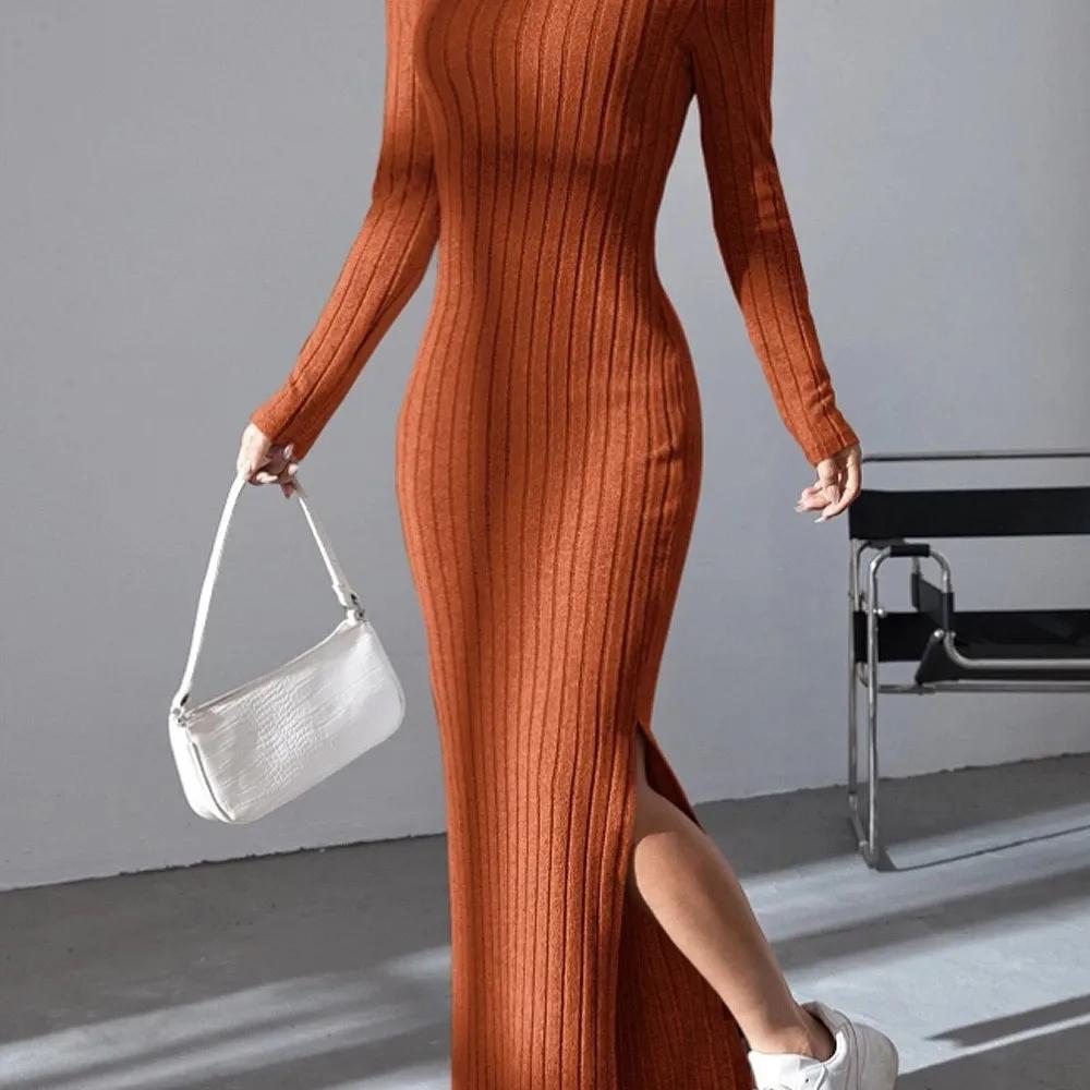 Damska seksowna dzianinowa sukienka z dekoltem w serek, rozcięciem na plecach, jesień zima, długi rękaw, elastyczny, podstawowy sweter