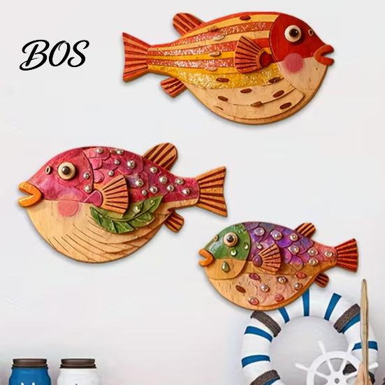 Fish Wall Sign 3Pcs/Set Vintage Puffer Decoration, Coastal Wooden Hanging Ornament, Decor Nautical Ocean Theme Art for Bathroom, Living Room Artwork