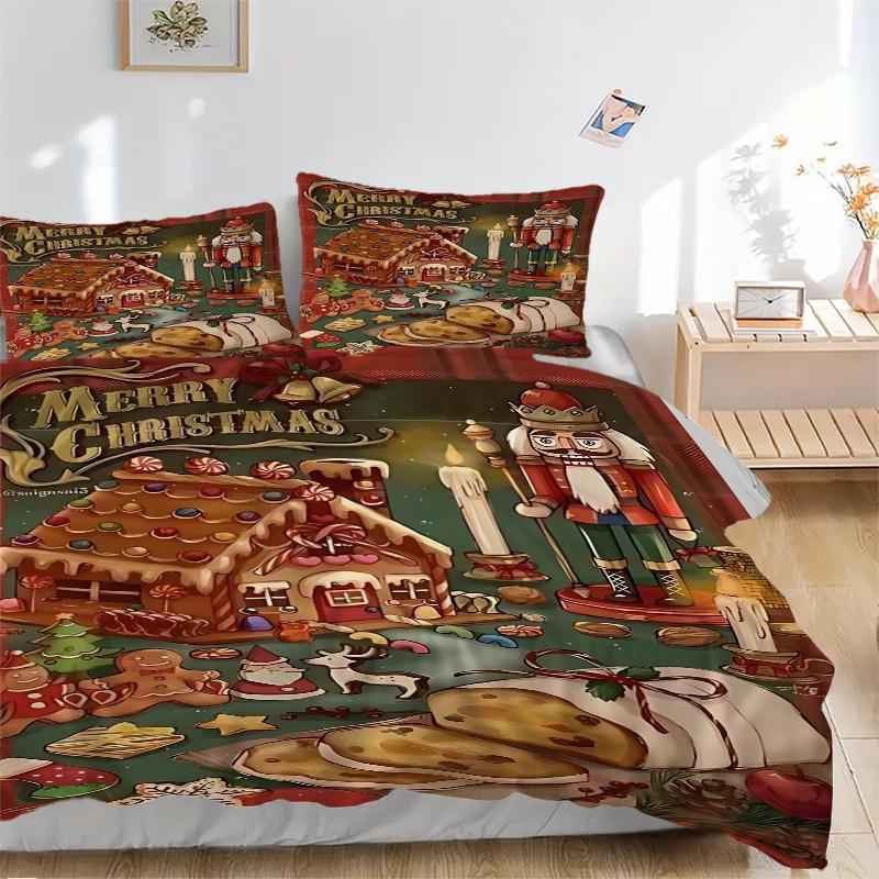 3pcs Christmas Gingerbread House Bedding Set with One Quilt Cover and Two Pillowcases (No Core) - Festive Decorative Duvet Cover Set for Bedroom and G
