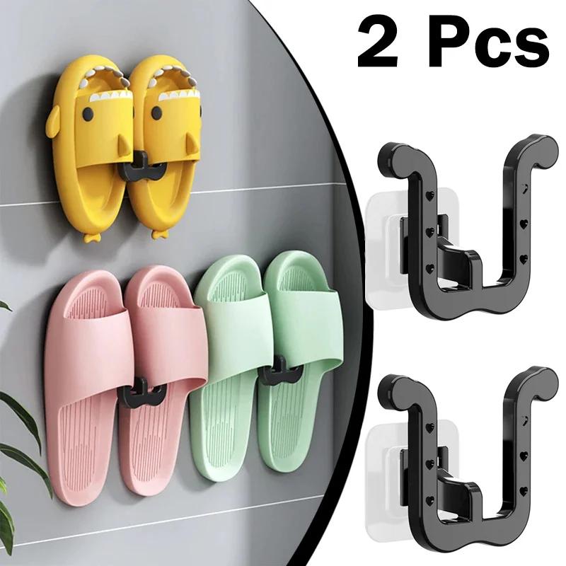 2/4 Slipper Hooks, Bathroom Wall Mounted Non Punched Slipper Rack, Self-adhesive Storage Rack for Slipper Hangers