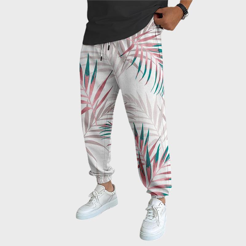 

Мужские длинные брюки с принтом тропических листьев и эластичной резинкой на талии