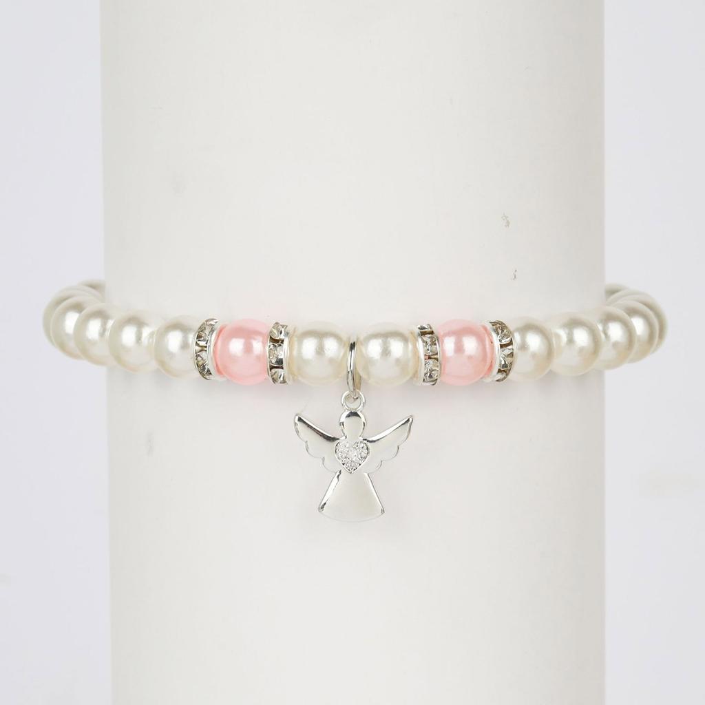 Elegant First Communion Bracelet For Girls Silver Angel Cross Pearl Jewelry Gift Set With Card And Fabric Bag