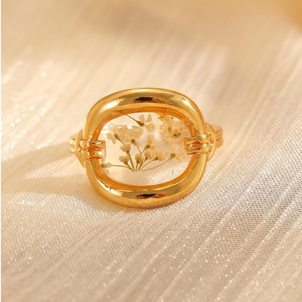 Trend Stainless Steel Geometric Ring Heart Shaped Inlaid Flower Flower Ring Oval Shape Open Ring Jewelry Gift