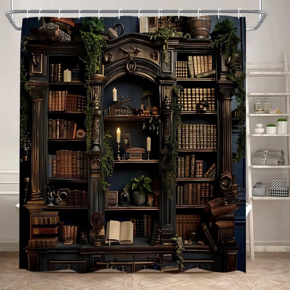 Library Shower Curtain Vintage Old Book Bookshelves Plant Leaves Candles Magic Home Polyester Fabric Bathroom Decor Curtains Set