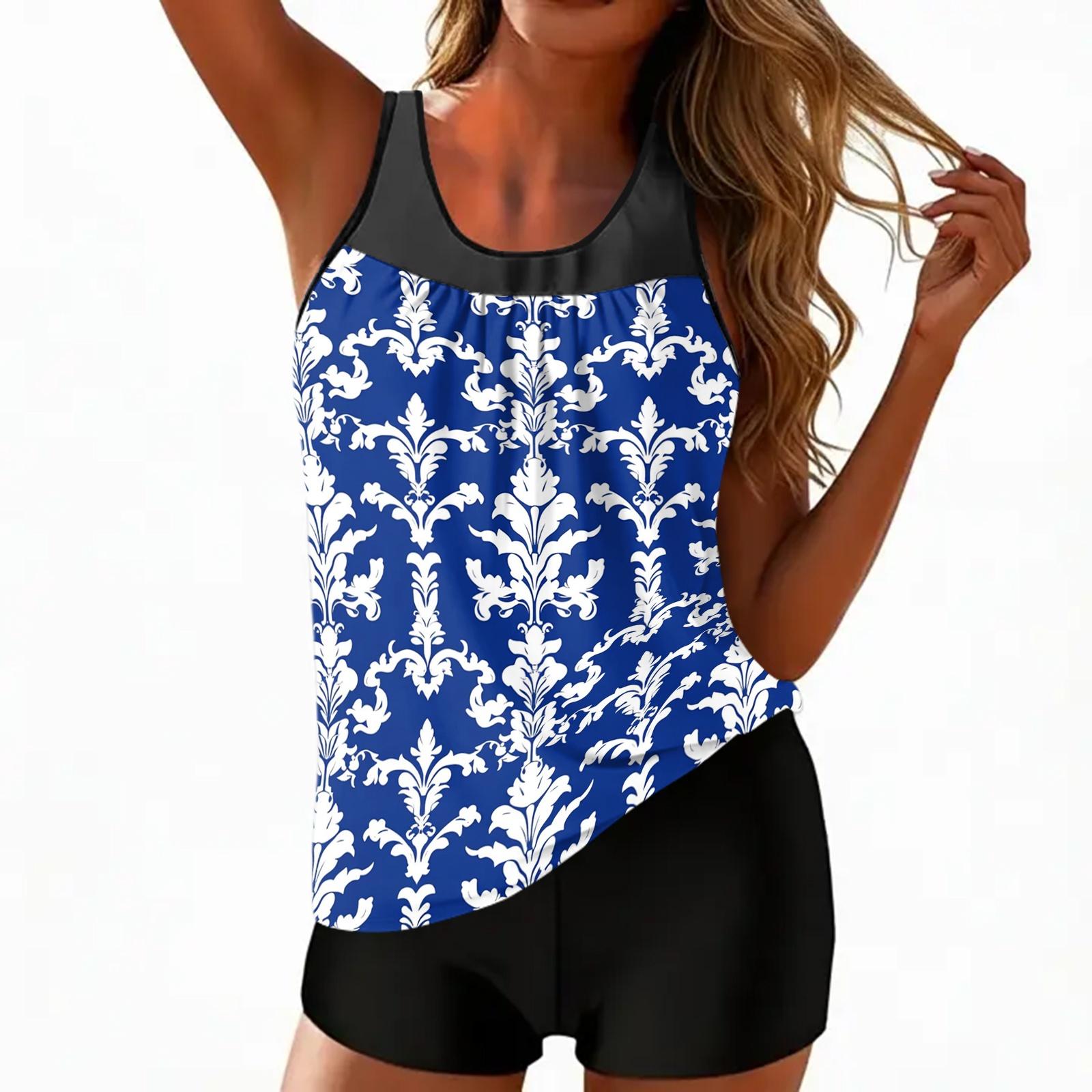 Женский винтажный раздельный купальник с цветочным принтом Спортивный купальник XXL синий