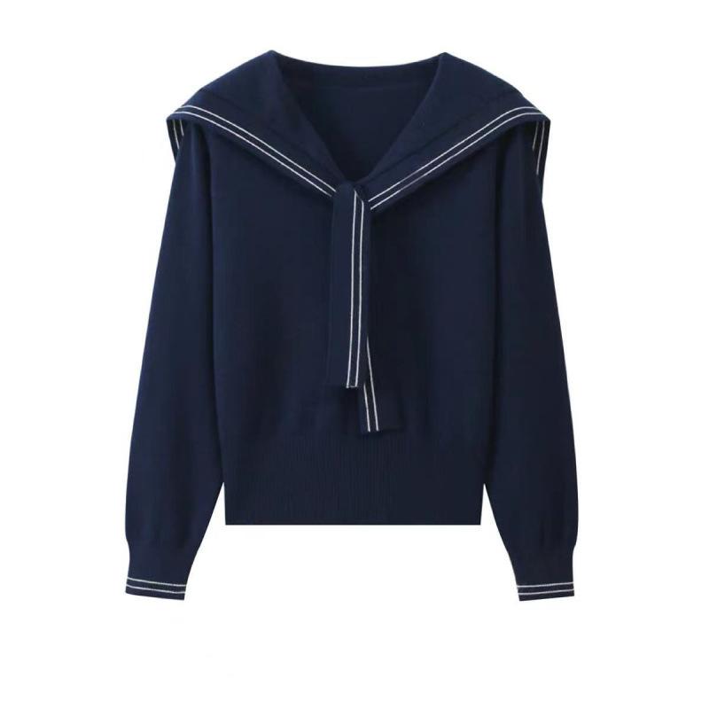

Autumn and winter slightly fat MM shawl lace-up navy collar knitted sweater women s top Korean college style One size королівський синій колір