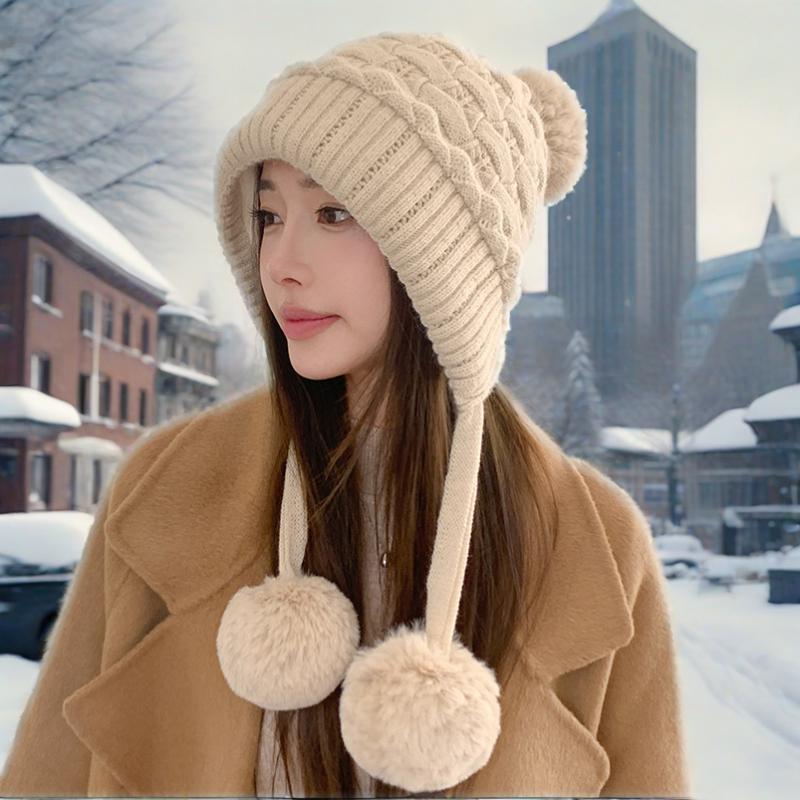 Lazy Wind Thickened Double-layer Ear Protection and Cold-proof Three-fur Ball Rabbit Fur Hat Plus Velvet Face Protection Knitted Hat