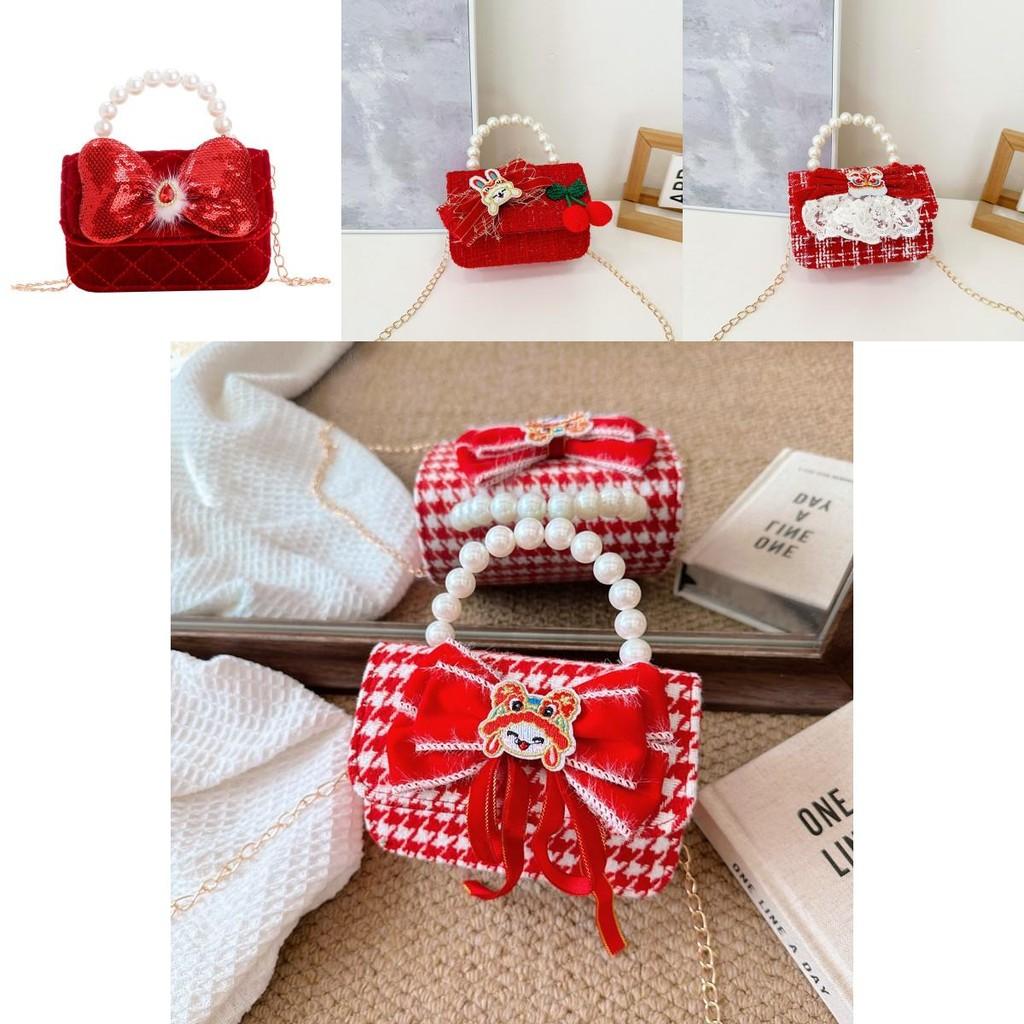 Adorable Red Bowknot Children's Handbag With Charming Pearl Chain For Kids