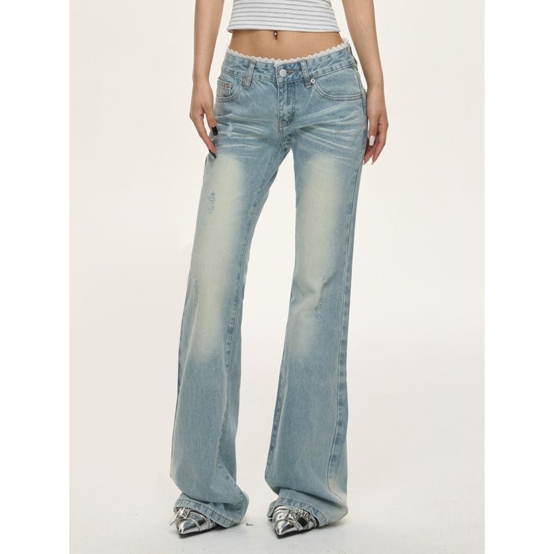 

Small Lace Patchwork Light Color Denim Pants Women s Summer Fashionable Low Waist Slim Looking Easiest for Match Sexy Bootcut Trousers Light pants 156-165 XL