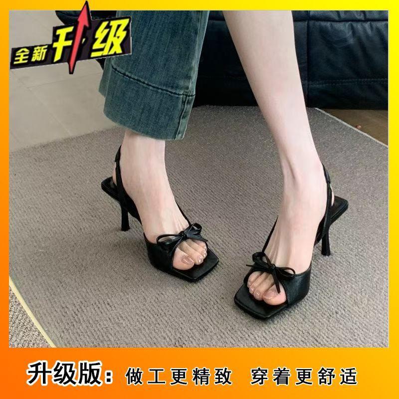 Temperament side empty open-toed sandals women's 2025 summer new French retro bow square head stiletto high heels women