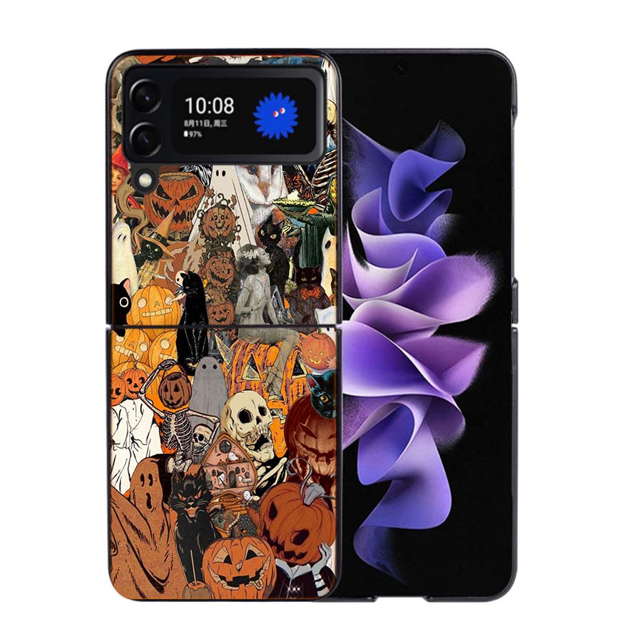 Halloween Herbst Kunst Hexe Katze Handyhülle Für Samsung Z Flip 7 6 5G Galaxy Z Flip4 Z Flip5 Z Flip3 Hülle Schwarze Harte PC Schale Prote