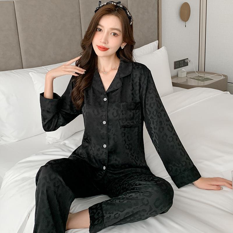 Women's New Spring and Fall Pajamas Homewear Suit Female Thin Temperament Korean Version of the Black Leopard Print Homewear