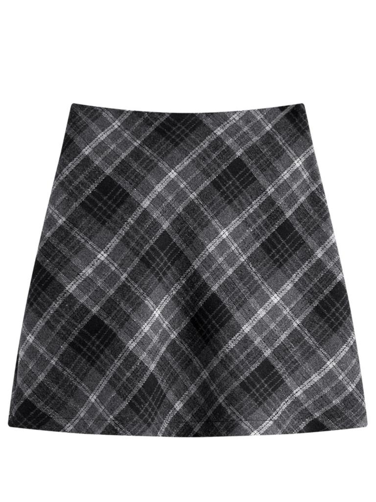 Women's Plus Size Plaid Wool A-line Skirt – Spring & Autumn, Anti-Exposure, Slimming, Thickened, Hip-Hugging, Short Skirt for Chubby Girls.