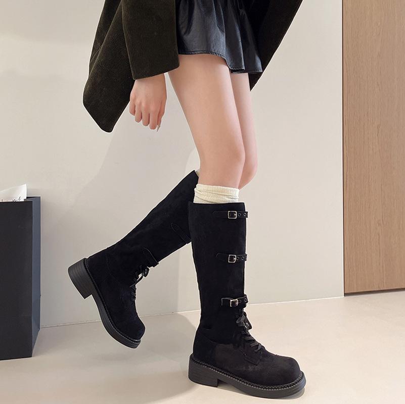 Boots Women 2025 Autumn New British Style Lace-up Belt Buckle Knight Boots Square Heel Frosted Western Cowboy Boots