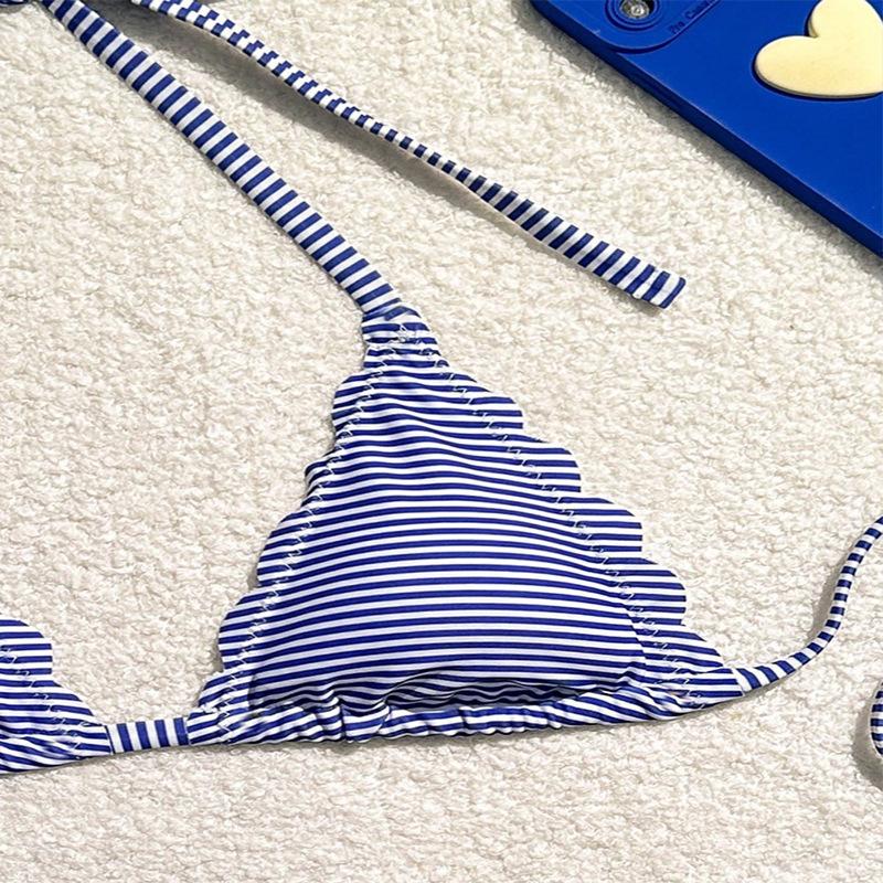 Women's Blue Stripe Print Two Piece Swimsuit Sexy Mini Triangle Cup Bra Halter Backless Bikini Set 2025 Summer Beach Swimwear