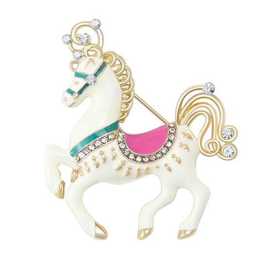 Brooch Zinc Alloy Enamel Pin Carousel Horse Pin with Rhinestones Encrusted Saddle Mane Coat Bag Hat Scarf Accessory