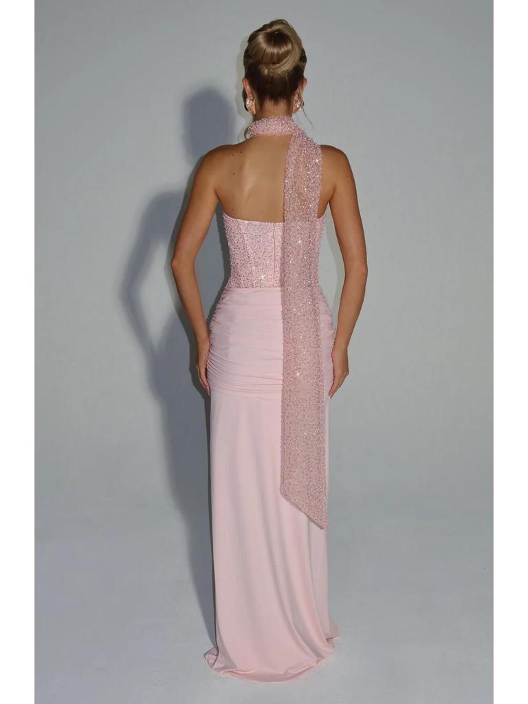 Elegantes Europäisches & Amerikanisches Damen-Formelles Schlank geschnittenes Kleid für Frühling/Sommer mit tiefem Ausschnitt, Pailletten, Reißverschluss und Falten-Design