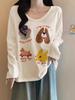 Women's Apricot Dog Print Long-Sleeve T-Shirt - Cozy, Casual U-Neck for Autumn/Winter