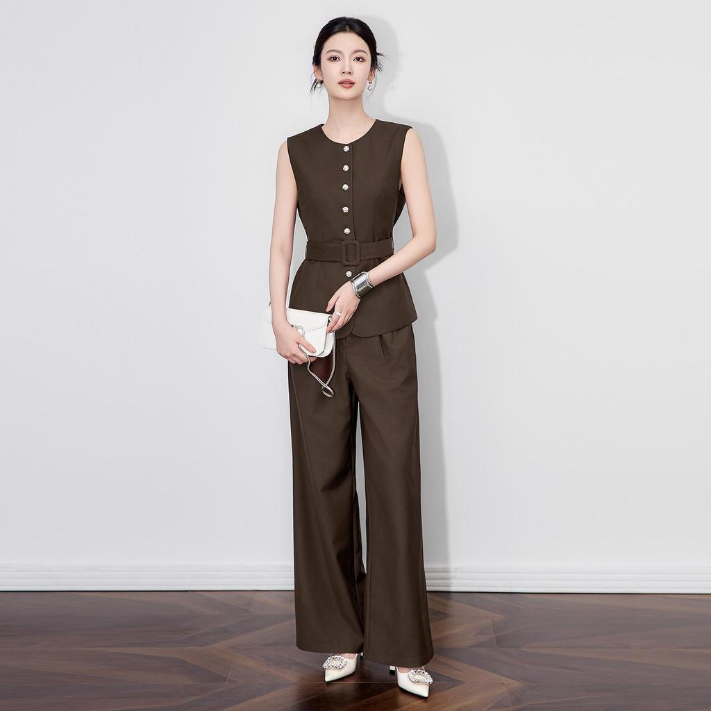 Elegant Silver Buckle Vest & Commuter Wide-Leg Pants Set for Women - Autumn Collection