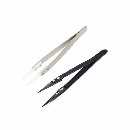 Shopdp 2-Piece Precision Ceramic Tweezers, Heat-Resistant (Silver + White/Black)