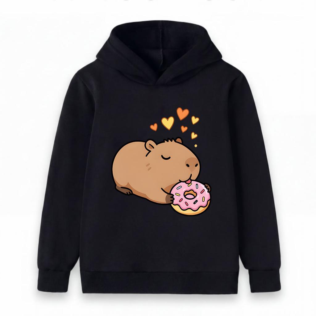 Kids Boys Girls Casual Hoodie, Cute Cartoon Capybara Eating Donut Print Pullover Hooded Sweatshirt, Cozy Long Sleeve Top For Daily Casual