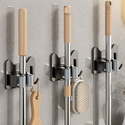 Wall Mounted Broom Holder Mop Organizer Storage Rack with Hooks Bathroom Utility Hanger No Drilling Required Stainless Steel