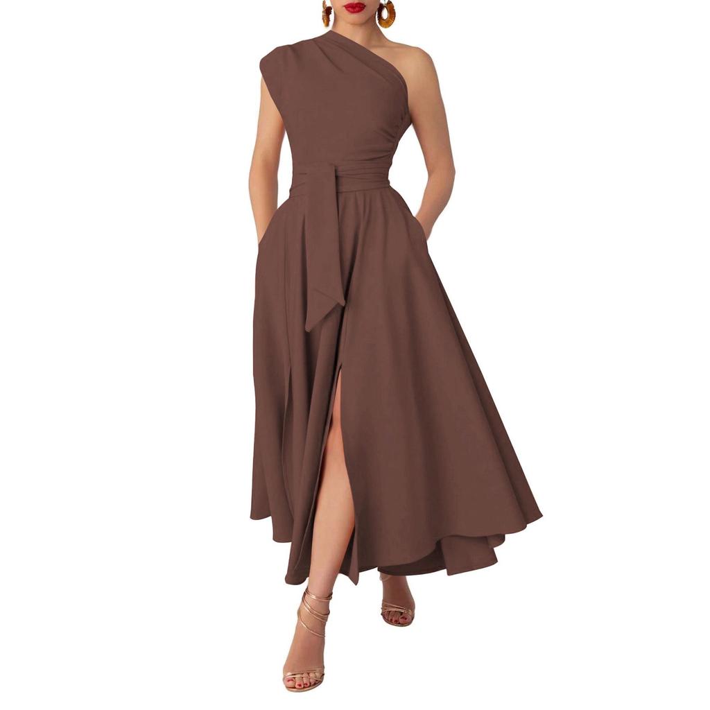 Summer Style Women's Sleeveless One-Shoulder Dress with Cinched Waist and Wide Hem