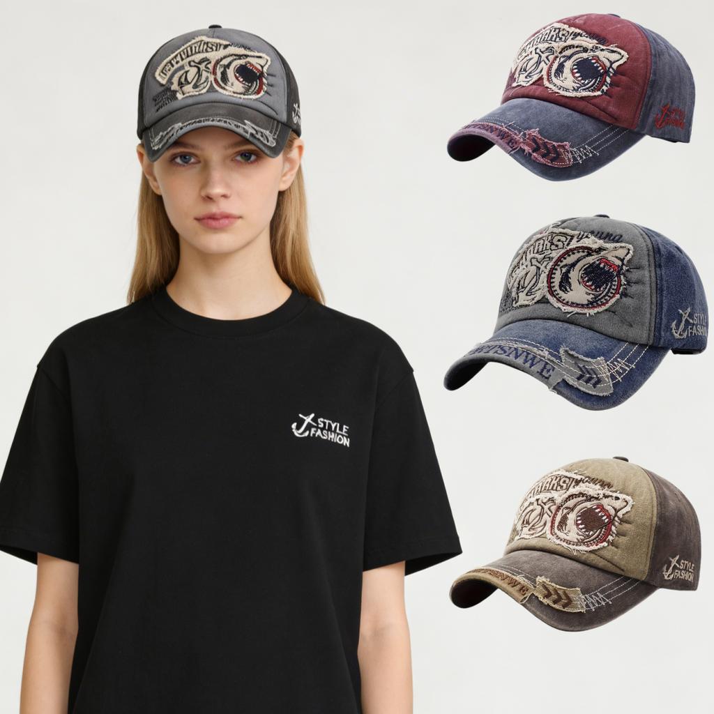 Retro Washed Distressed Duckbill Cap, Unisex Spring Autumn Shark Embroidery Adjustable Soft Hat