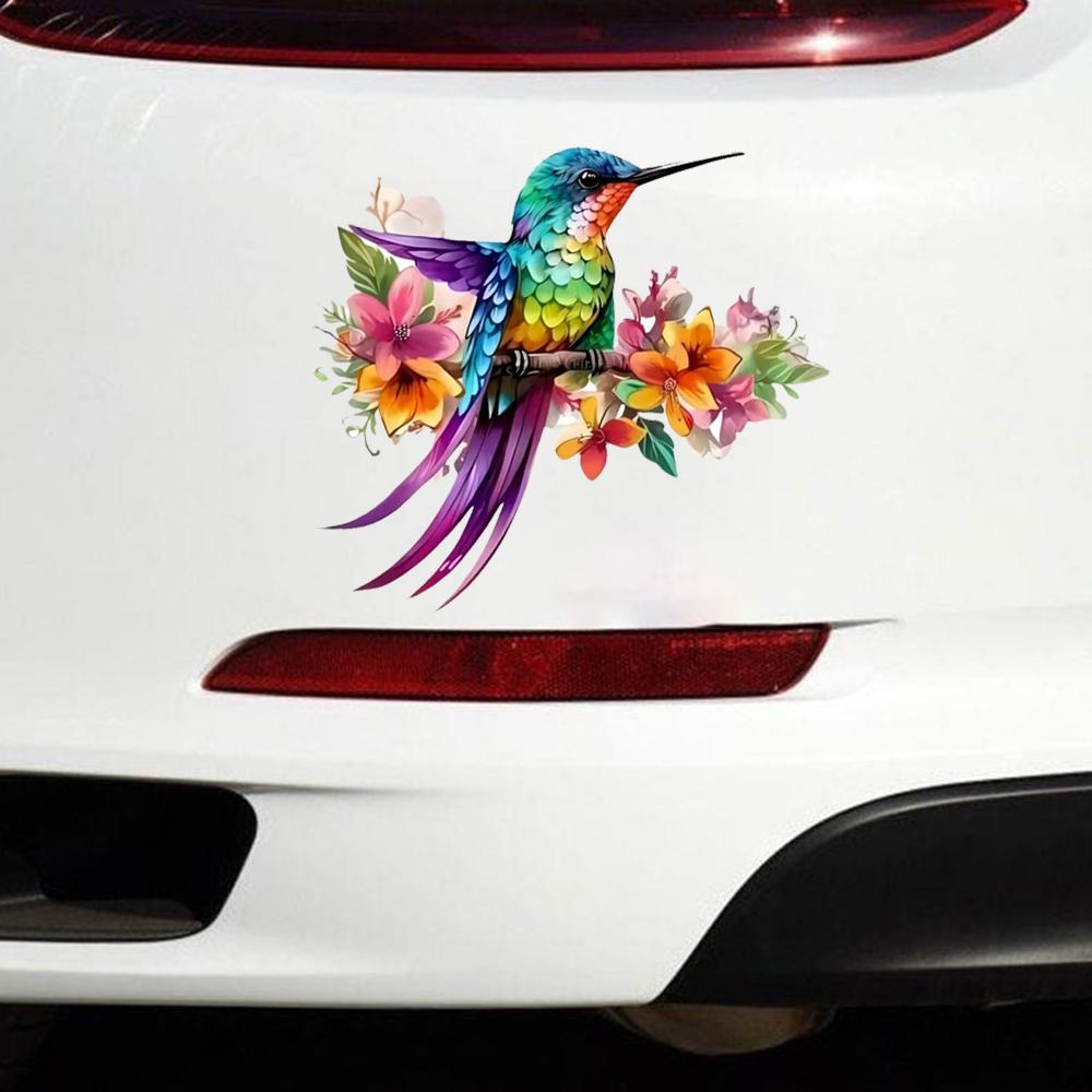QT2470# Vibrant Hummingbird & Floral Waterproof Car Decorative Decal, Suitable for Cars, Laptops, Bumpers, Glass Window Sticker